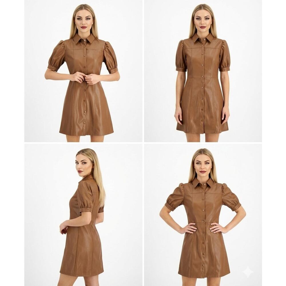 Kit & Sky Womens Faux Leather Puff Sleeves Mini Shirtdress Juniors - Picture 4 of 4
